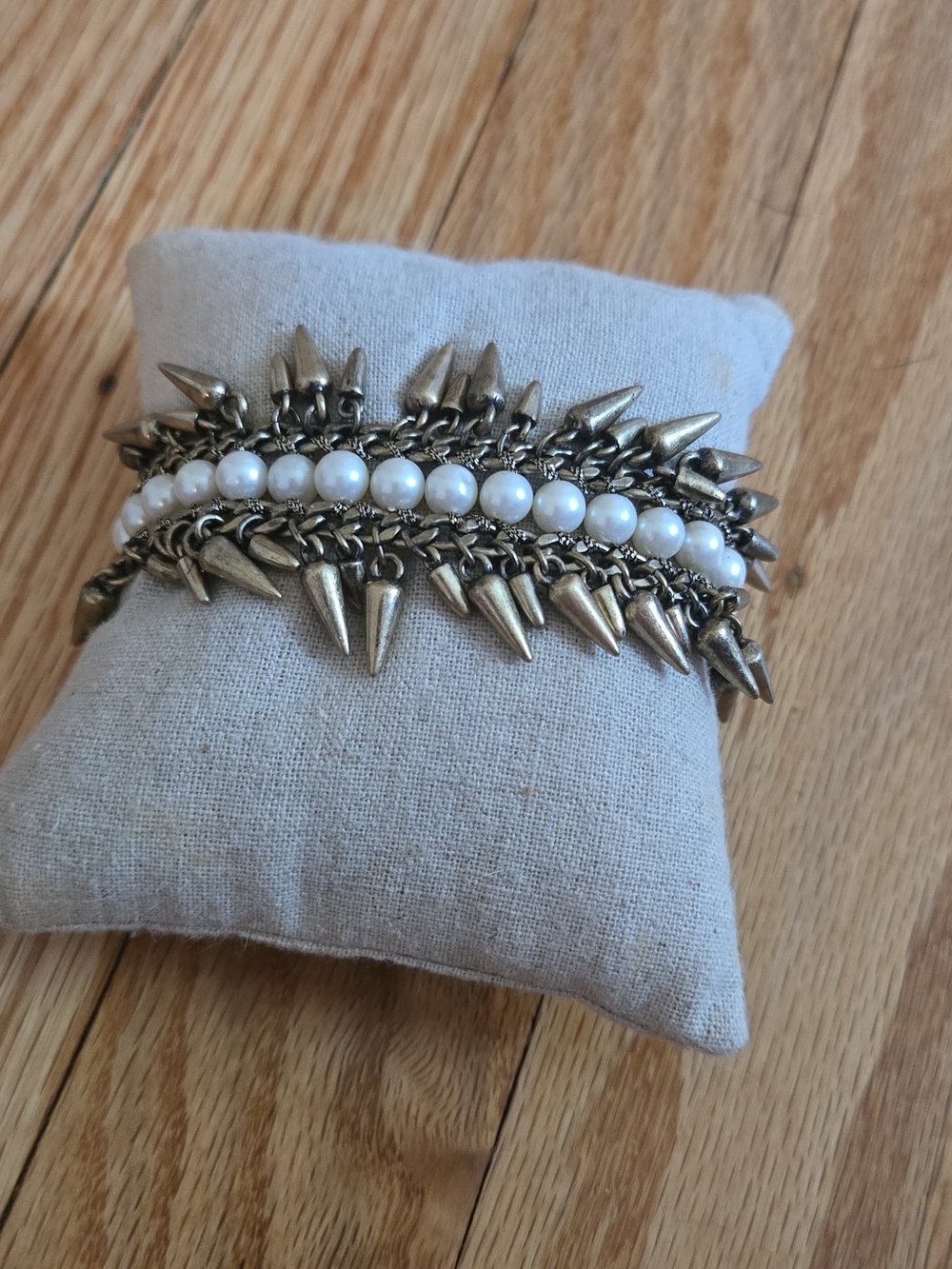 Stella & Dot White Pearl and Antique Gold Spike Layered Bracelet